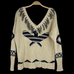 CHASOR Cream Eagle Star Fringe V Neck Knit Sweater Women Size S Southwestern